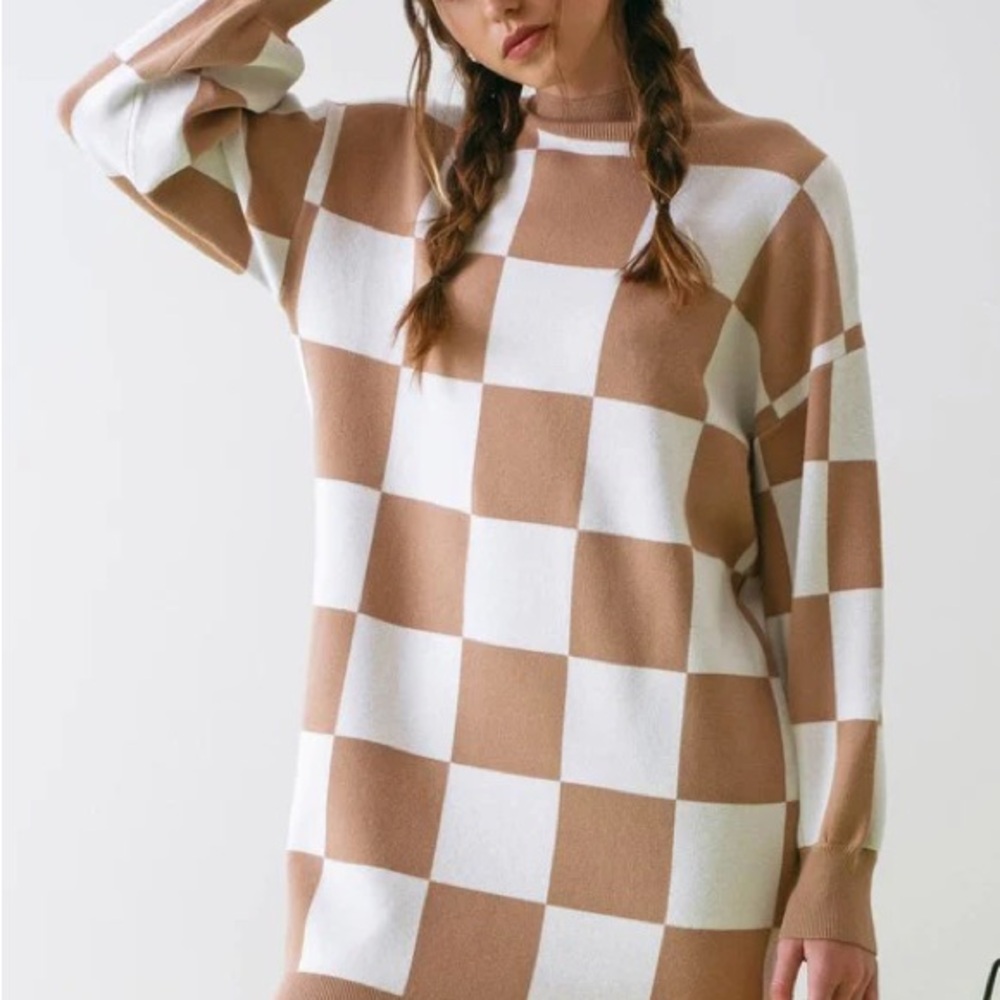 Blu Pepper Beige and White Checkerboard Knit Dress